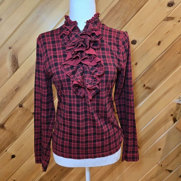 LRL Lauren Jeans Ruffled Mock Neck Top Size S Red‎ & Black Classic Plaid Cotton - Picture 1 of 8